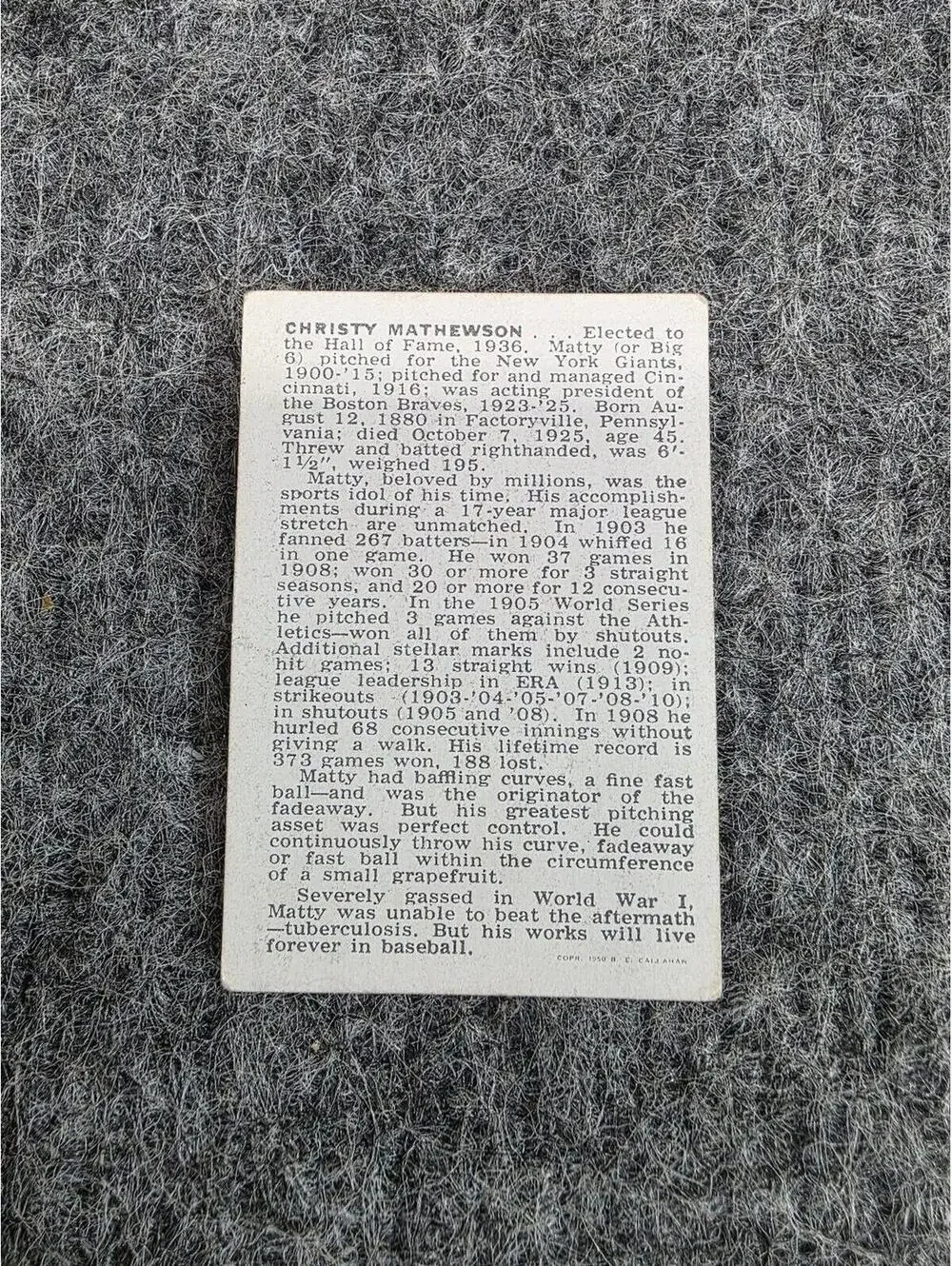 Christy Mathewson 1950 E.C. Calahan Baseball Hall of Fame Card
